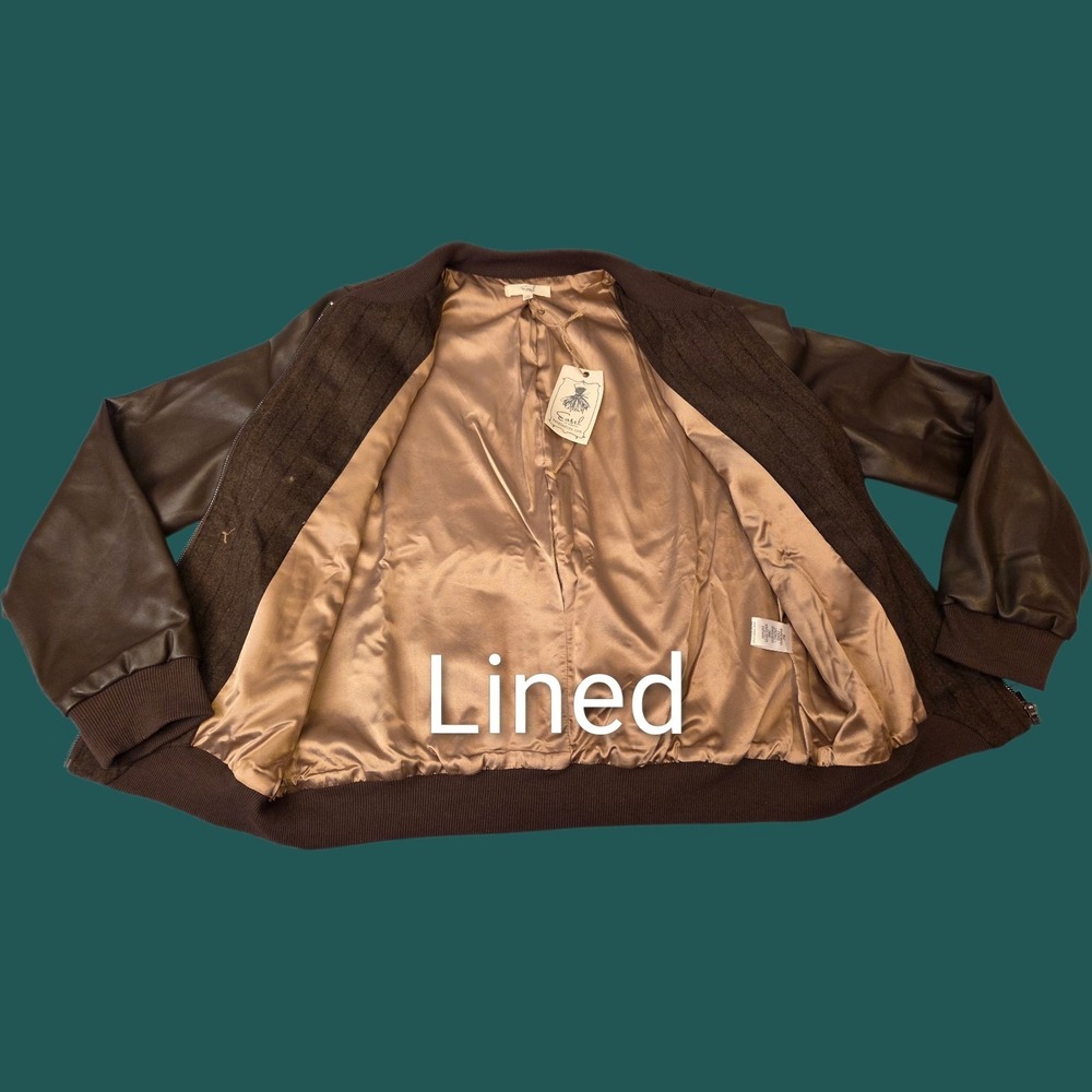 Easel Sz M (L) Vegan Leather Brown Bomber Wool Pinstripe‎ - Picture 3 of 8